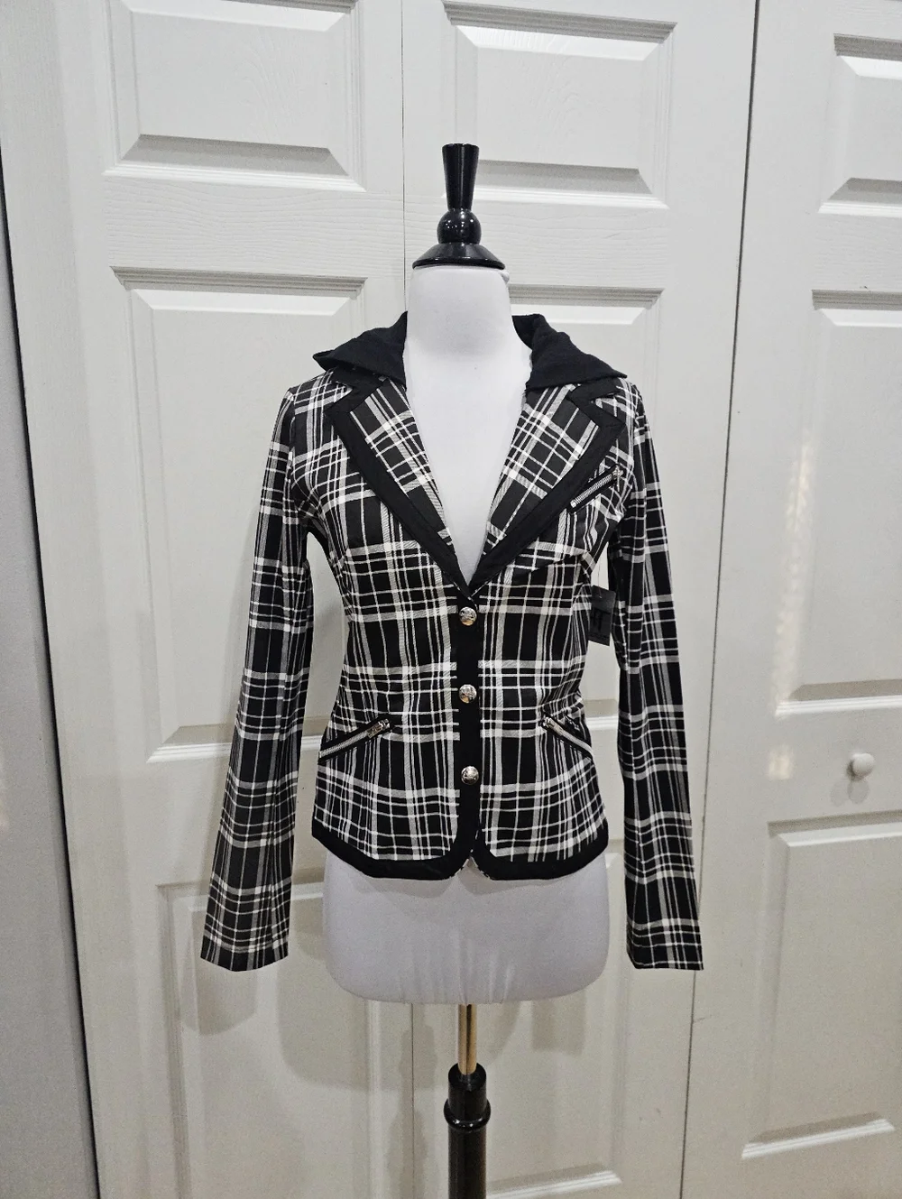 Rare Vintage Punk Goth Tripp NYC Black & White Plaid Snap Blazer Jacket Coat S - Picture 11 of 12